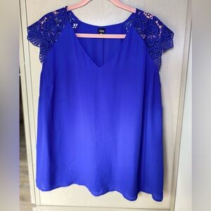 City Street Royal Blue Blouse with Lace Sleeves Royal Blue Size 1X